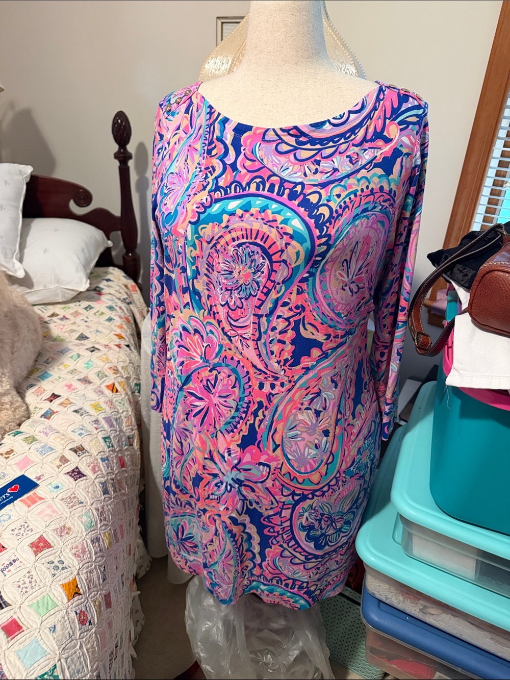 Lilly Pulitzer Pink and Blue Paisley Long-Sleeve Shift Dress